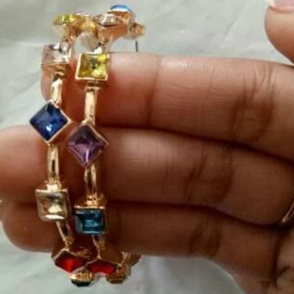 Gold 18K GP Multicolored Gemstone Cuff Hoop Earrings - Picture 4 of 12